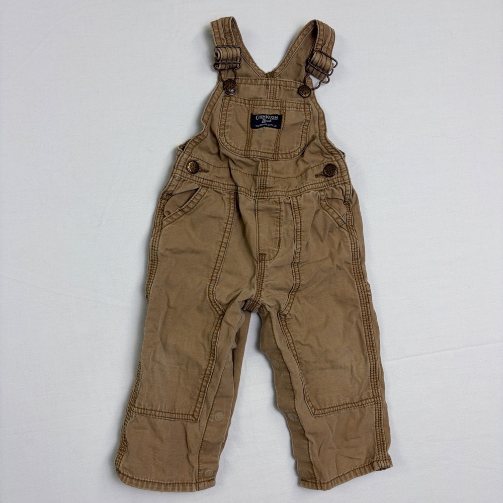 OshKosh Bgosh Kids Tan Canvas Overalls 12 Months Cotton Workwear Snaps Brown‎